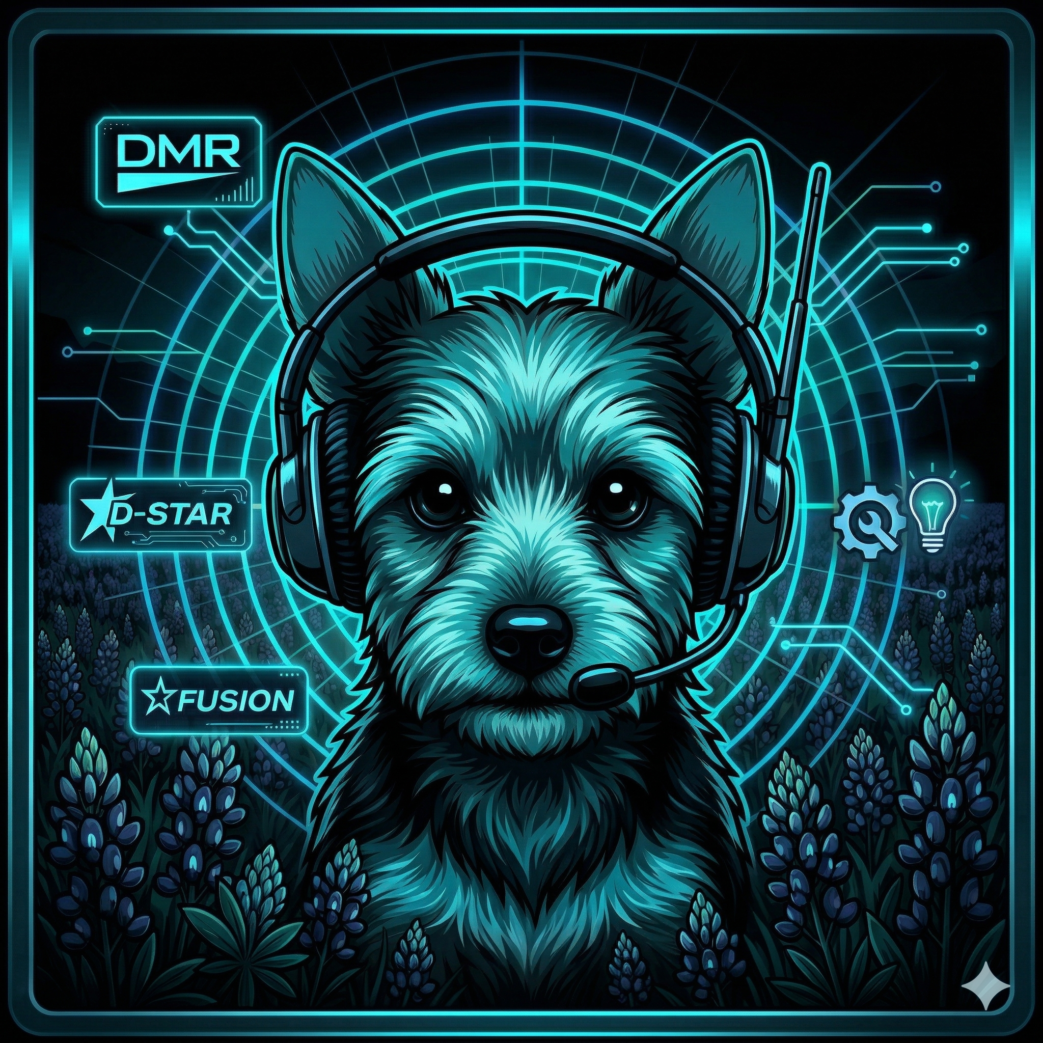 A digital portrait of Whiskers Wave, a Yorkshire Terrier wearing headphones and an antenna, central to a technical grid.
